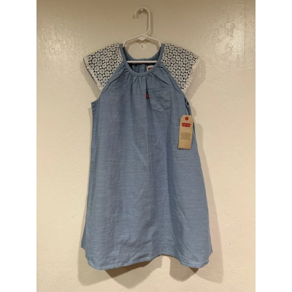 NWT Levis Girls Blue Chambray Dress Crochet Lace Sleeve Cotton Size 6X 6-7 YRS